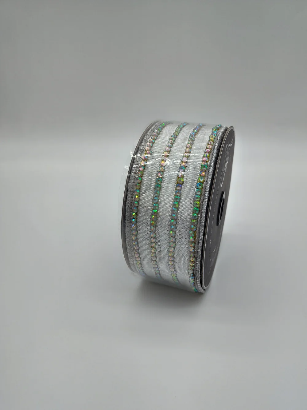 FARRISILK Iridescent Crystal Stripe Silver Wired Ribbon 1.75
